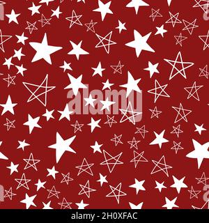 Seamless pattern, chaotically scattered stars, red maroon white design vector illustration with star element Stock Vector