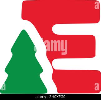 Red letter e with fir vector clip art, Christmas lettering isolated on white background Stock Vector