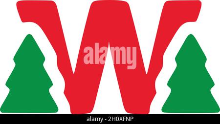 Red letter w with fir vector clip art, Christmas lettering isolated on white background Stock Vector