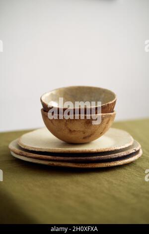 Clay Dinnerware Set. Handmade. Using natural materials for the home. Stock Photo