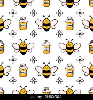 Cute honey bee seamless pattern. Vector doodle cartoon beehive, flowers and honeycombs illustration digital paper isolated on white background perfect for kids fabric prints Stock Vector