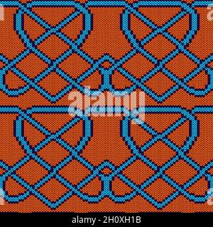 Seamless knitting ornate in blue and orange colors, vector pattern as a fabric texture Stock Vector