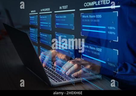 Agile software development with developer using Kanban board framework methodology on computer. Lean project management tool for fast changes, devops Stock Photo