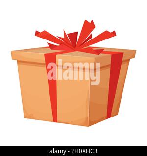 Surprise cardboard present box with ribbon, prize or reward in cartoon style isolated on white background. Promotion, lucky bonus. Vector illustration Stock Vector