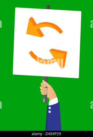 Hand holding up a banner with Update icon. Man showing billboard banner, sign. Stock Vector
