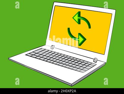 Laptop with Update icon on the screen. Vector cartoon illustration. Stock Vector