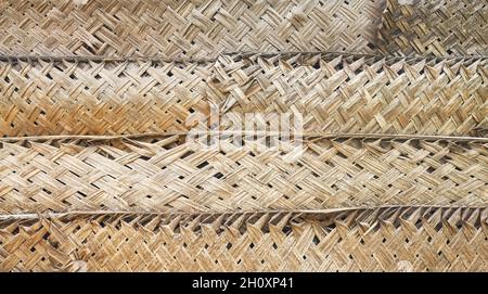Dried palm leaf braid wall, natural background. Stock Photo