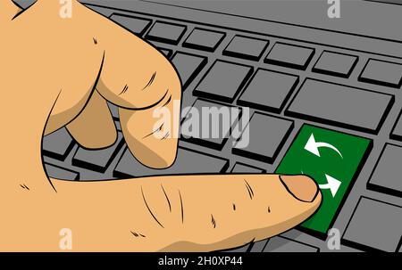 Update icon on computer keyboard. Man pushing keypad on laptop. Comic book style concept. Stock Vector