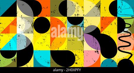 seamless abstract geometric background pattern, retro style, with circles, semicircle, squares, paint strokes and splashes Stock Vector