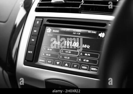 Close up of car audio system touch screen LCD panel display. No people. Stock Photo
