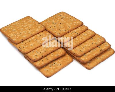 Several delicious crackers on white background, top view Stock Photo