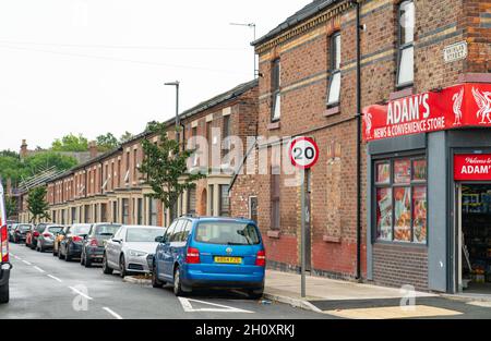 Rhiwlas Street, Toxteth, Liverpool 8, one of many 'Welsh Streets' built in Liverpool between 1850 and 1930. Image taken in September 2021. Stock Photo