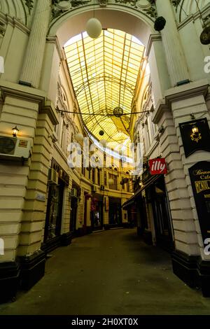 Bucharest, Romania, 22 November 2020 - The old historical Pasajul Macca Vilacrosse passage with coffee shops and restaurants near Calea Victoriei (Vic Stock Photo