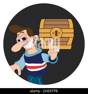 Man with a cheeky smile and big nose pointing at a wooden treasure chest round sticker label Stock Vector