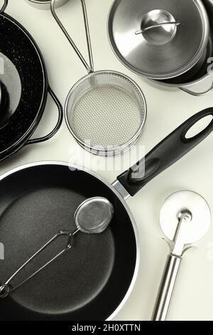 Set of different kitchen utensil on white background. Stock Photo