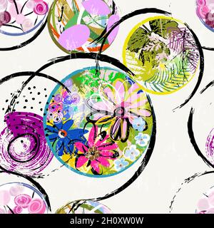 seamless abstract floral background pattern, with circles, flowers, leaves, strokes and splashes Stock Vector