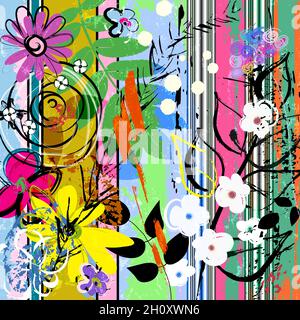 abstract background composition with flowers, paint strokes, splashes and geometric lines Stock Vector