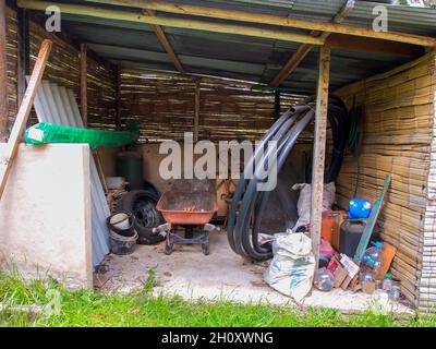 General view of a wooden shed used for storage in a farm near the colonial town of Villa de Leyva in central Colombia. Stock Photo