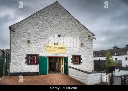 Bushmills, Northern Ireland, Aug 2019 Entrance to visitor centre of Old Bushmills Distillery, a whiskey distillery, popular tourist attraction, Antrim Stock Photo