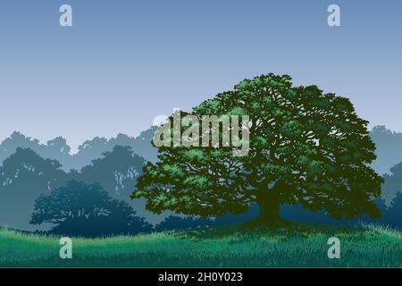 Oak forest Landscape Vector. Silhouettes of nature illustration use for background, etc. Stock Vector
