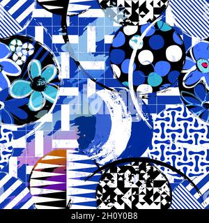 seamless geometric pattern background, with circles, ornaments, flowers, paint strokes and splashes Stock Vector