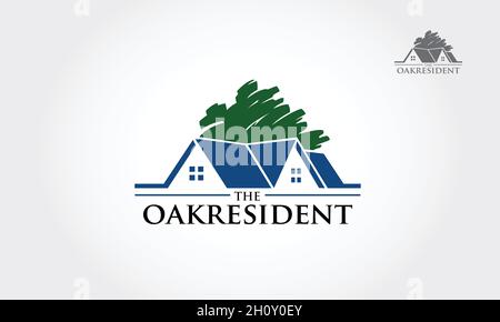 The Oak Resident Vector logo design template of oak tree and house that made from a simple scratch. Building vector silhouette. Stock Vector