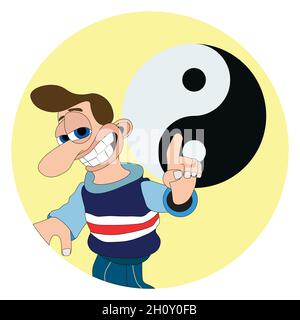 Man with a cheeky smile and big nose pointing at a Yin Yang symbol round sticker label Stock Vector