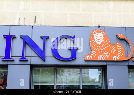 Bucharest, Romania - June 6, 2020: Entry sign with logo for ING Bank in downtown Stock Photo