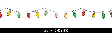 Christmas holiday lights seamless border. Repeating pattern line art light bulbs garland for Christmas holiday cards, banners, footer, header, menu Stock Vector