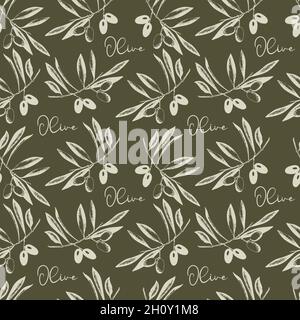 Olives branch with fruits and leaves Seamless pattern, imprint, stamp, sketch. Vector illustration Stock Vector