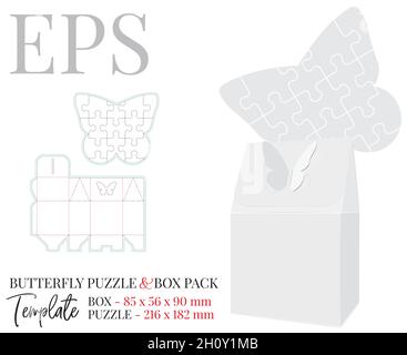 Puzzle and pack holder template, vector with die cut, laser cut line. White, clear, blank, isolated puzzle butterfly and pack holder mock up on white Stock Vector