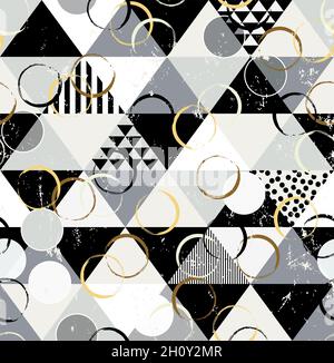 seamless abstract circle pattern, with triangles, dots, paint strokes and splashes, black and white Stock Vector