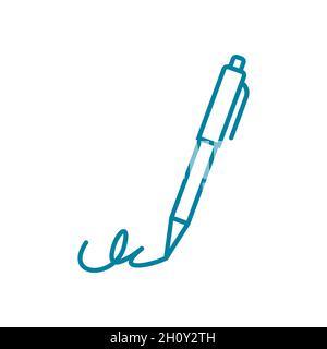 Signature line icon. Digital signature symbol. Biometrics handwriting recognition. Blue pen writing. Sign a contract outline. Ratify, underwrite  sign Stock Vector