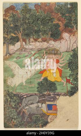Battle of Ravana and Jatayu, from sarga (chapter) 49 of the Aranya-kanda (Book of the Forest) from a Ramayana (Rama’s Journey) of Valmiki (Indian, active c. mid-1000s BC), c. 1605. Mughal, perhaps made at Datia for Raja Bir Singh Deo (r. 1605–27). Opaque watercolor on paper, text on verso; Stock Photo