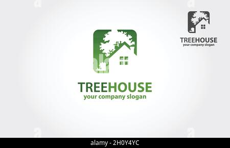 Tree House Vector Logo Template. The main symbol of the logo is a tree and house. This logo symbolizes a neighborhood, growth, concern to development. Stock Vector