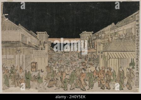 Night Scene, Street of Theatres, late 1700s-early 1800s. Japan, Edo period (1615-1868). Color woodblock print; sheet: 24.8 x 37.2 cm (9 3/4 x 14 5/8 in.). Stock Photo