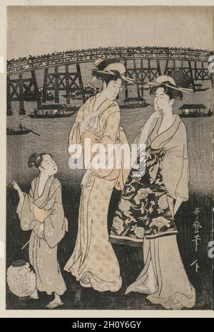 Women Enjoying the Evening Cool Near Ryogoku Bridge, c. mid 1790s. Kitagawa Utamaro (Japanese, 1753?-1806). Color woodblock print; sheet: 37.4 x 25.3 cm (14 3/4 x 9 15/16 in.).  People crowding the Ry?goku Bridge over the Sumida River and those aboard party boats below enjoy summer fireworks. Among a group gathered on the riverbank a little boy stands holding his caged pet cricket in one hand, and a young woman’s hand in the other. At left, a boy with a lantern advertising the name of the restaurant for which he works, “?noshi,” guides two women away. Stock Photo
