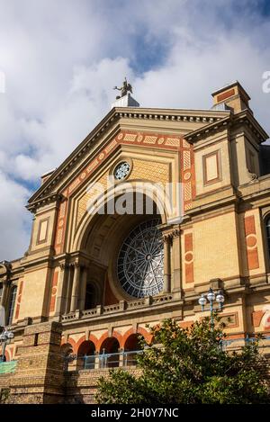 South facade with rose window of the Alexandra Palace, an entertainment and sports venue known as The People's Palace' and Ally Pally, London, UK Stock Photo
