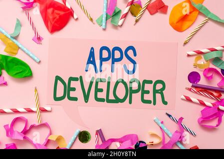 Conceptual display Apps Developer. Concept meaning Graphic artist Software Programmer and Analyst Experts Colorful Party Collections Flashy Stock Photo