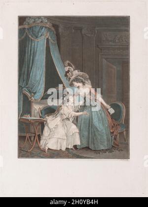 The Indiscretion, 1788. Jean François Janinet (French, 1752-1814), after Nicolas Lavreince (Swedish). Color wash-manner engraving and etching; sheet: 57.6 x 43 cm (22 11/16 x 16 15/16 in.); platemark: 48.3 x 36.2 cm (19 x 14 1/4 in.).  The Indiscretion is from a suite of three scenes of women sharing secrets in the privacy of their boudoirs. The woman wearing a decadent hat has taken a love letter from the girl in white, who pleads with her older companion to give it back. Janinet refined the tools used in chalk-manner printmaking to create wash-manner etchings and engravings that imitate opaq Stock Photo