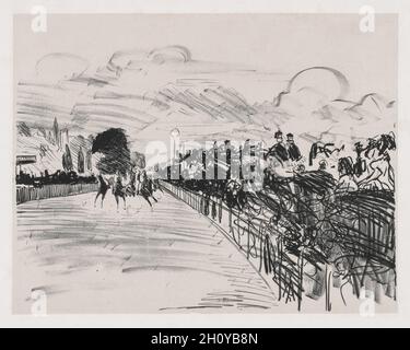 The Races, 1865. Edouard Manet (French, 1832-1883). Lithograph; sheet: 52.2 x 66.5 cm (20 9/16 x 26 3/16 in.); image: 40.3 x 51.7 cm (15 7/8 x 20 3/8 in.).  The Race Track is based on Manet's painting The Races at Longchamp. The lithograph, however, conveys the excitement of horseracing even more than the painting. Energy and movement are suggested by bold, quickly drawn lines and by rapid, curving smudges. The unrestrained, spontaneous use of the lithographic crayon foreshadows the expressiveness of 20th-century printmaking. Stock Photo