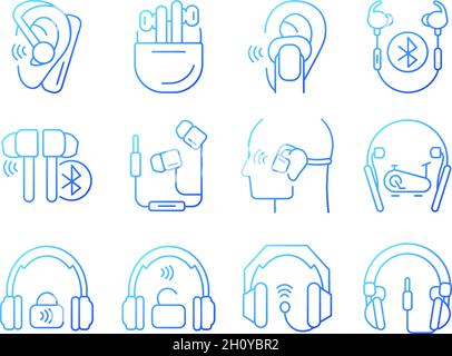 Different types of headphones gradient linear vector icons set Stock Vector