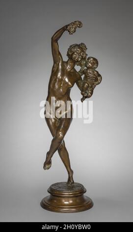 Bacchante and Infant Faun, 1894. Frederick William MacMonnies (American, 1863-1937). Bronze; overall: 86.4 x 25.4 cm (34 x 10 in.).  This sculpture is a smaller version of a three-quarter life-size bronze given by the artist to Charles McKim, the architect for the Boston Public Library who placed the statue in the fountain of the library's courtyard. Although the vast majority of Bostonians supported the statue, a small but powerful group denounced it as 'debauched,' 'vice-ridden,' and 'treason to purity and sobriety and virtue, and Almighty God.' The opponents included the Boston Brahmins—a g Stock Photo