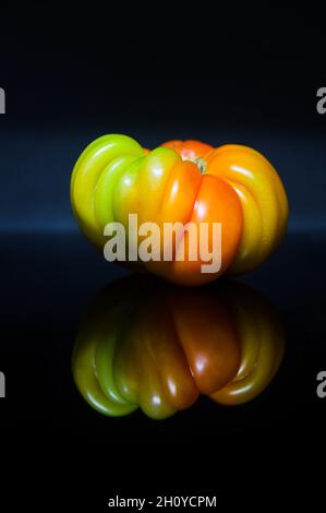 Close-up of a Valencian tomato (Spain) in vivid red and green colors on a dark background reflected on the dark surface on which it is located Stock Photo