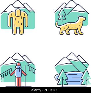 Mountaineering in Nepal RGB color icons set Stock Vector