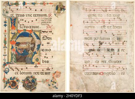 Leaf from an Antiphonary with Historiated Initial (H) with The Nativity  (recto), early 1300s. Italy, Tuscany, 14th century. Ink, tempera, and gold  on parchment; sheet: 53 x 38 cm (20 7/8 x