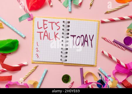 Hand writing sign Let S Talk. Business concept they are suggesting beginning conversation on specific topic Colorful Party Collections Flashy Stock Photo