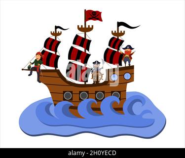 cartoon vector illustration of pirates sailing on a ship, isolated on a white background Stock Vector