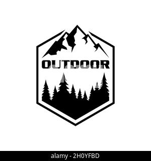 mountain and pine tree badge, Logo design related to outdoor activity Stock Photo