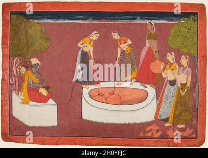 Madhava Plays his Vina before Five Women Drawing Water from a Well, from a Madhavanala Kamakandala, c. 1720. India, Bilaspur. Gum tempera and gold on paper; image: 19.1 x 28.6 cm (7 1/2 x 11 1/4 in.); page: 21.7 x 30.9 cm (8 9/16 x 12 3/16 in.).  Madhava sits under a tree playing his vina. As two women draw water from the well in earthen pots, another woman on her way from the well has turned around to hear Madhava’s music. Two women on the right have dropped and broken their pots. Stock Photo
